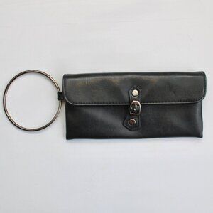 Victoria's Secret VTG Y2K Black Leather Silver Metal Ring Wristlet Clutch Purse